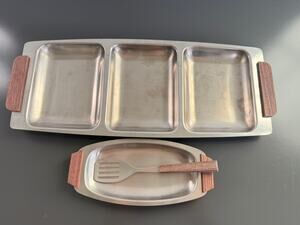 Vintage MCM divided serving tray and matching condiment dish with a mini spatula